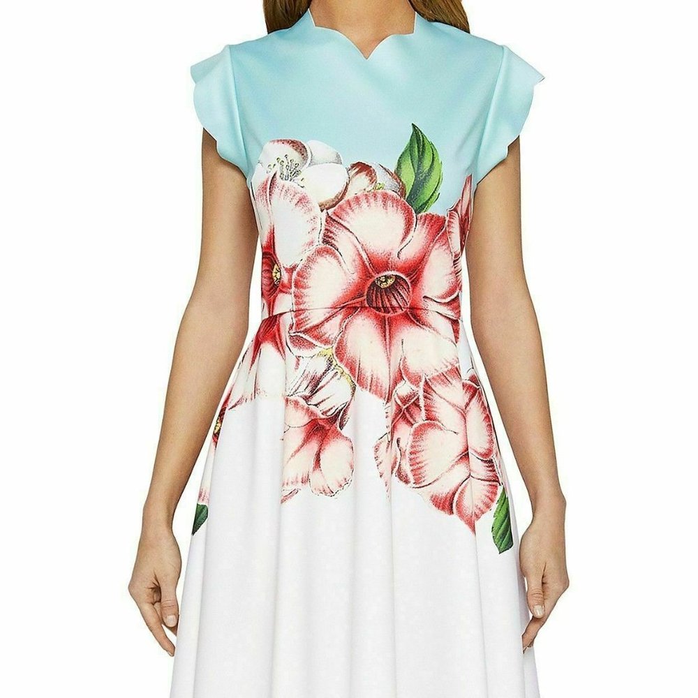 Ted Baker Aqua White Floral Fit-and-Flare Dress